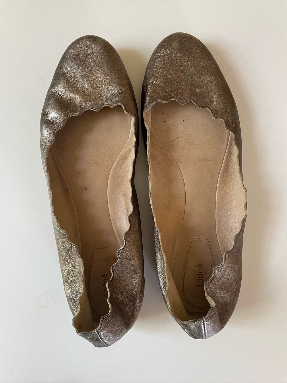 Chloé Lauren Scalloped Leather Ballet Flats Bronze Metallic Size 39.5 Italy